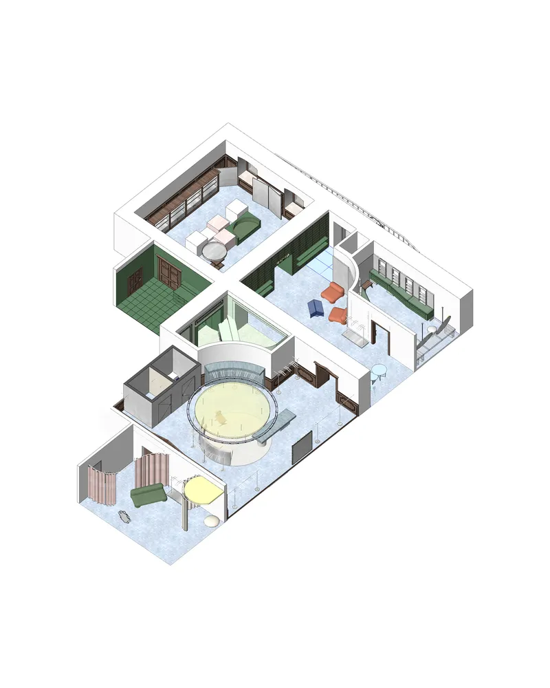 Axonometric drawing showing retail interior layout with central circular seating area and green tiled fitting room
