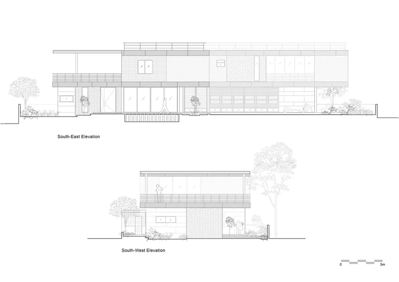 Elevation drawings showing south-east and south-west facades with horizontal massing and tree plantings