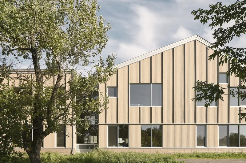 Two-storey gable facade with alternating vertical timber battens and ribbon windows framed by trees