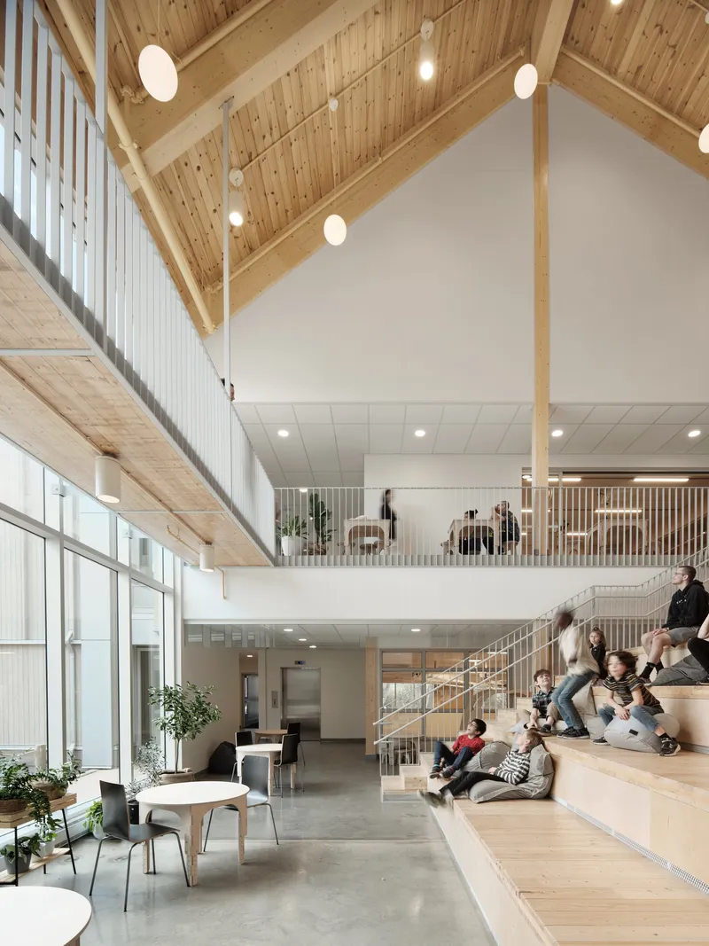 Double-height atrium with timber-clad vaulted ceiling and wide timber bleacher steps occupied by students