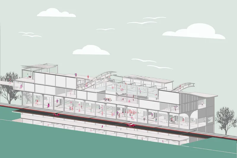 Sectional perspective illustrating multi-level circulation, shared spaces, and integrated living within the bridge structure.