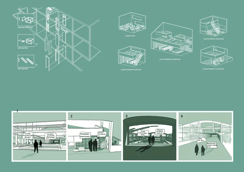 Exploded axonometric showing modular construction, unit typologies, and flexible accommodation configurations.