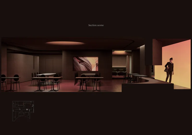 Section drawing showing dining and lounge areas with circular ceiling recesses and a figure in a backlit alcove