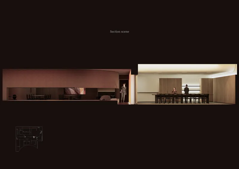 Section drawing revealing two contrasting interior volumes: a terracotta-toned lounge and a cream-lit dining space