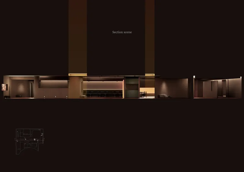 Section drawing depicting a horizontal sequence of interior rooms with varied ceiling heights and ambient lighting