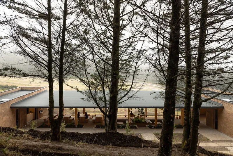 Single-story pavilion with flat roof viewed through bare winter trees in soft overcast light