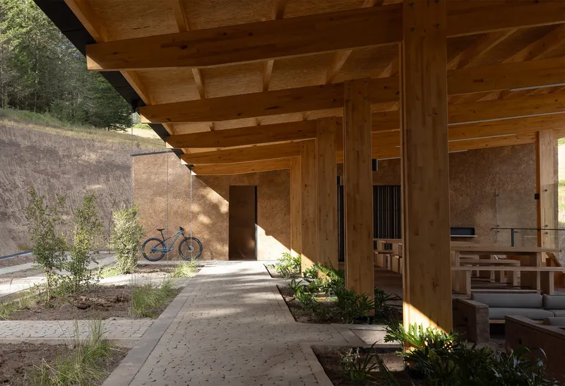 Covered walkway with timber beams and planted beds alongside a bicycle against a textured wall