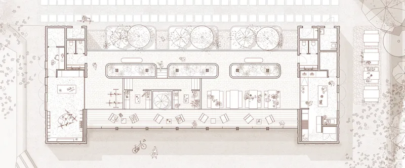 Floor plan drawing showing a linear arrangement of spaces with planted courtyards and service blocks at each end