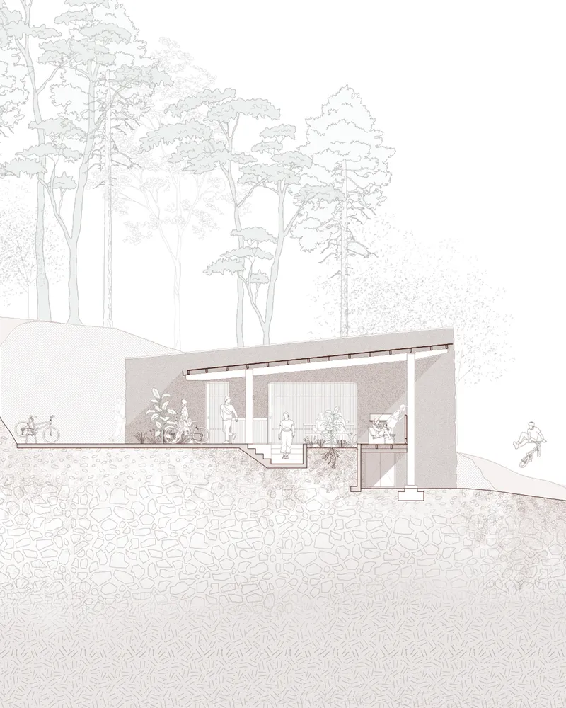 Section drawing through the pavilion showing the sloped site and tree canopy above with figures for scale