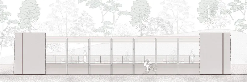Elevation drawing depicting a glazed facade with slender columns flanked by solid end volumes