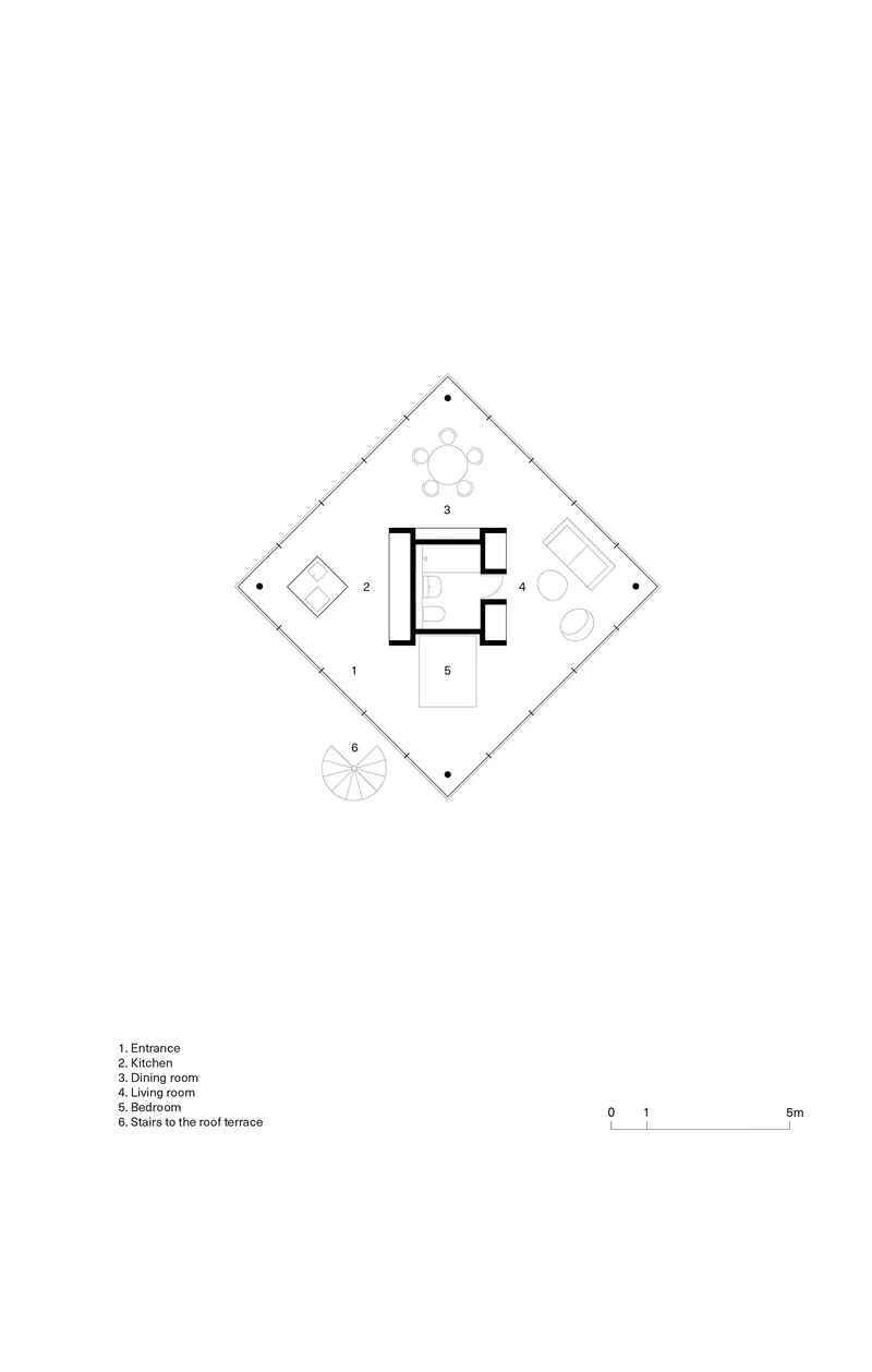 Floor plan drawing showing a diamond-shaped residence with rooms arranged around a central core