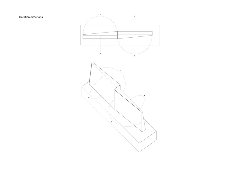 Axonometric drawing illustrating angled glass panels and their rotation axes in plan and perspective