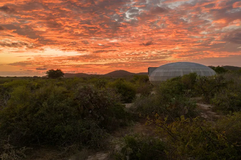 Rounded roof form emerging from desert landscape beneath orange clouds and dramatic sunset sky