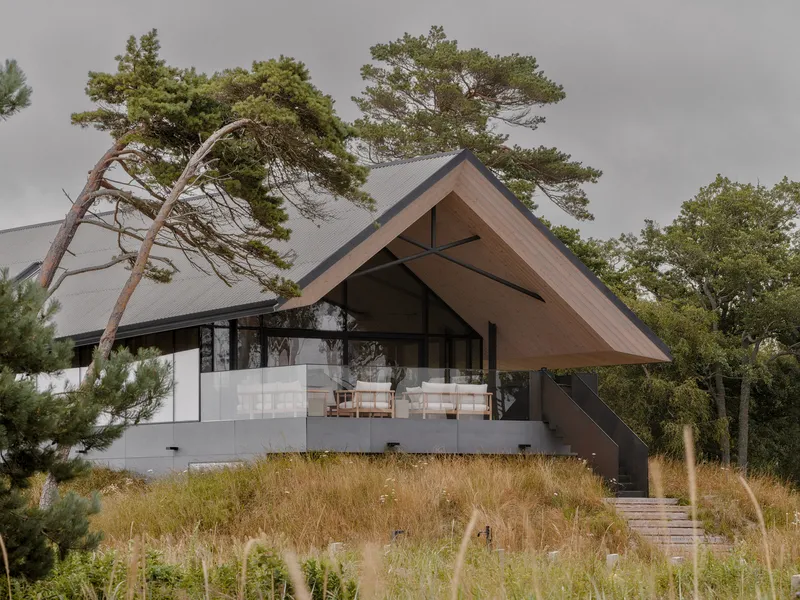 Pitched timber roof with exposed steel beams sheltering a terrace surrounded by pines