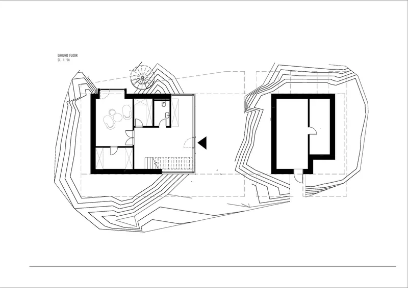 Ground floor plan showing two rectangular volumes connected by an exterior bridge with contoured landscape terracing