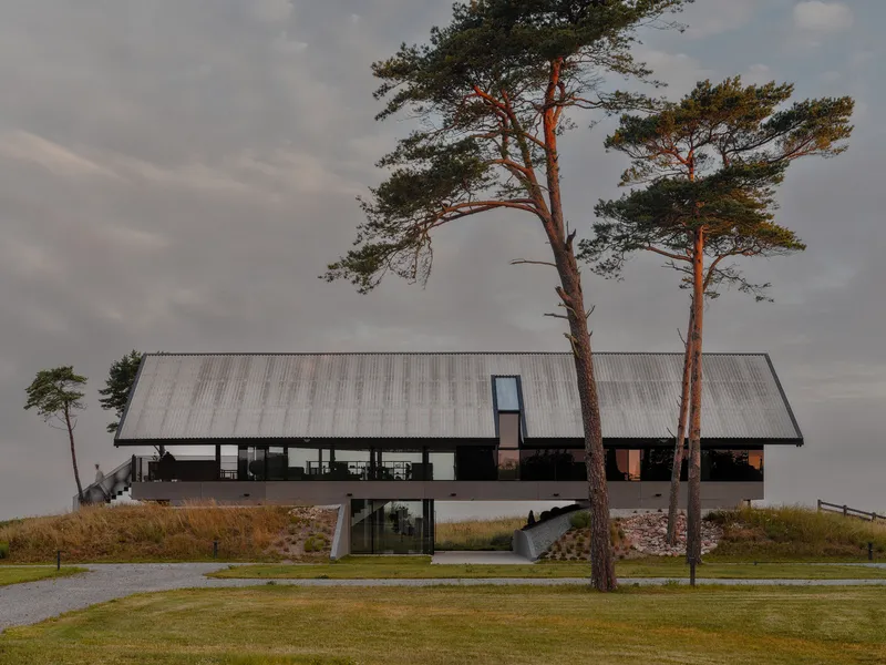 Elevated structure with corrugated metal roof and glass walls set between two pine trees under an overcast sky