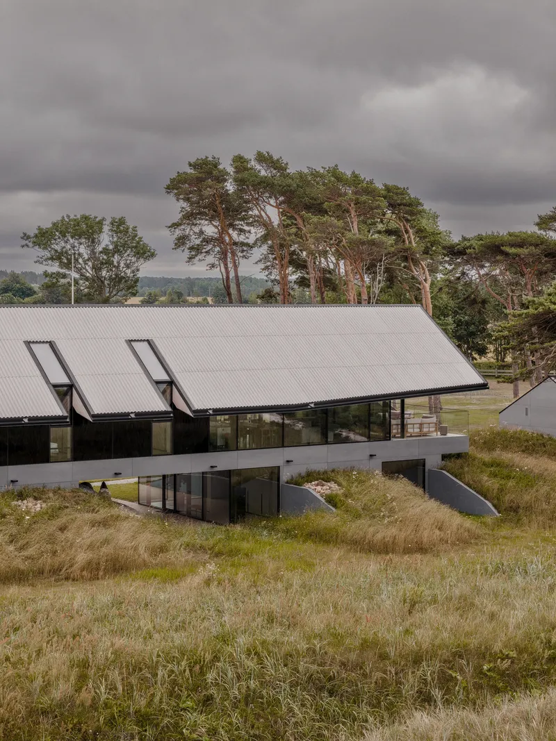 Angled view of the terraced volumes with corrugated roof planes and recessed lower level set into the landscape