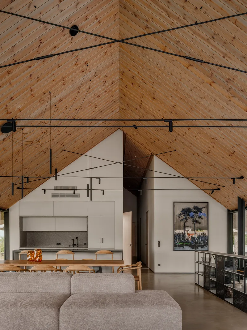 Open plan living space with diagonal timber-clad ceiling, kitchen island and suspended black pendant lights