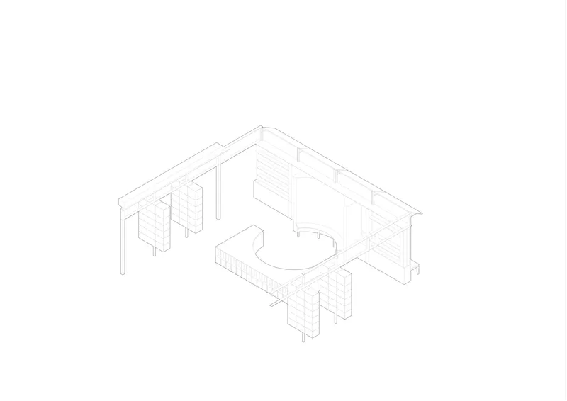 Isometric drawing showing interior layout with curved reading desk and perimeter shelving