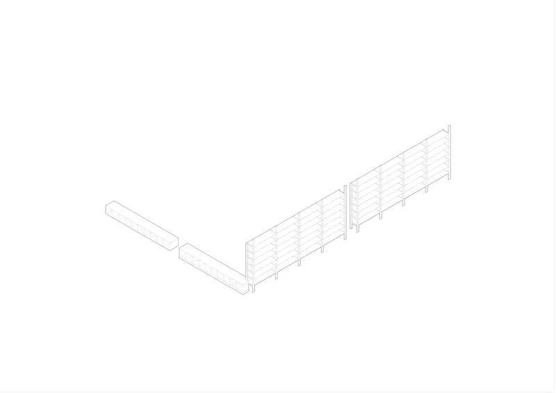 Axonometric detail of timber shelving unit with horizontal slat construction and vertical posts