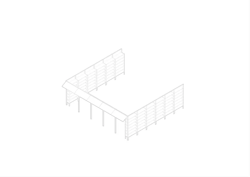 Axonometric drawing showing L-shaped volumes with vertical fin-like elements and supporting columns