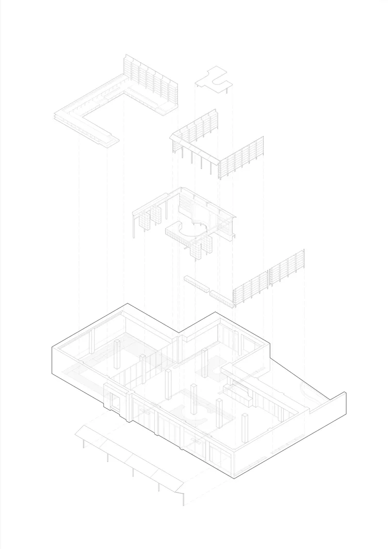 Exploded axonometric drawing revealing multiple floor levels with interior partitions and structural columns