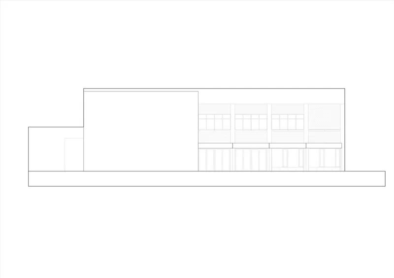 Elevation drawing showing facade composition with glazed openings and louvered panels on right side
