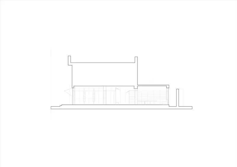Section drawing cutting through volumes showing internal spaces with vertical louvers and flat roofline