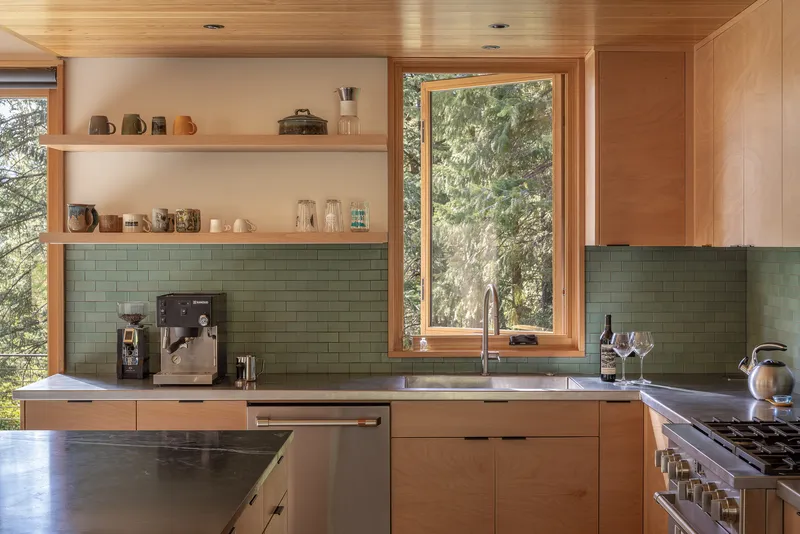 Kitchen counter with sage green subway tile backsplash and casement window framing pine trees