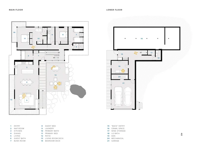 Floor plan drawing showing main and lower levels with living spaces and garage