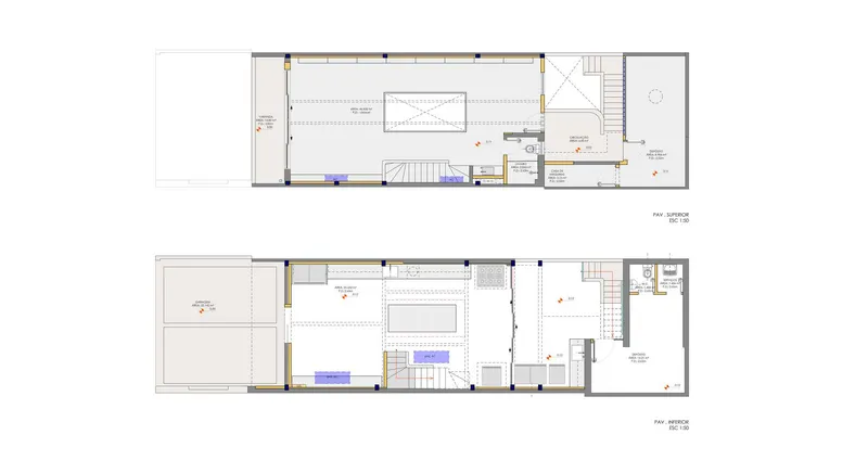 Floor plan drawings showing two levels with central staircases and open living spaces