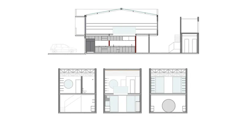 Section and elevation drawings showing a gabled roof structure with truss detail and interior spatial divisions