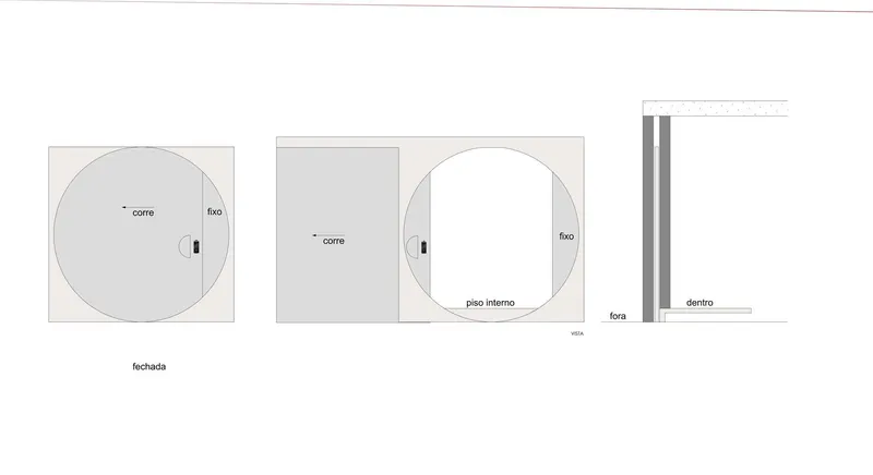 Facade and section diagrams illustrating circular openings and spatial relationships between interior and exterior zones