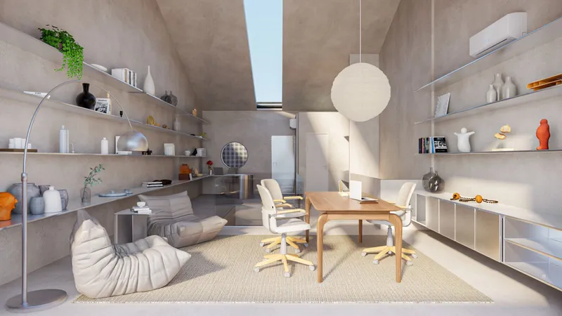 Living area with skylight casting daylight across shelving, seating and blonde wood furniture