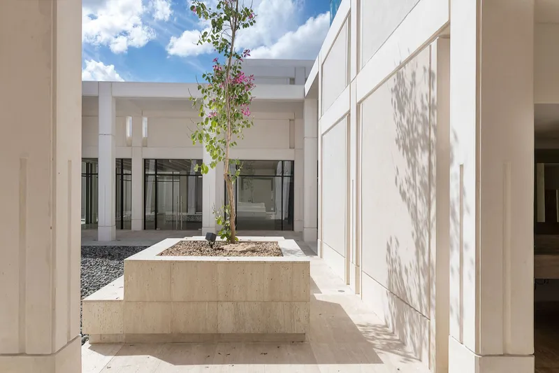 Internal courtyard with raised stone planter holding a flowering tree under open sky