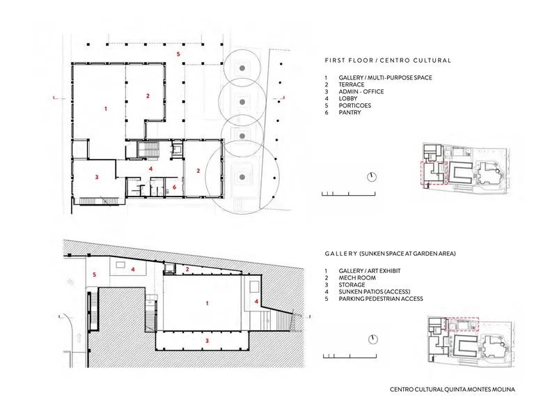 Floor plan drawing showing gallery spaces, sunken patio, and circular tree locations