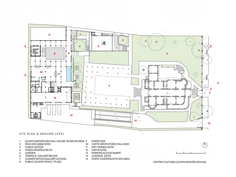 Site plan drawing showing a museum complex with pavilion, galleries, porticoes and landscaped grounds with circular tree symbols