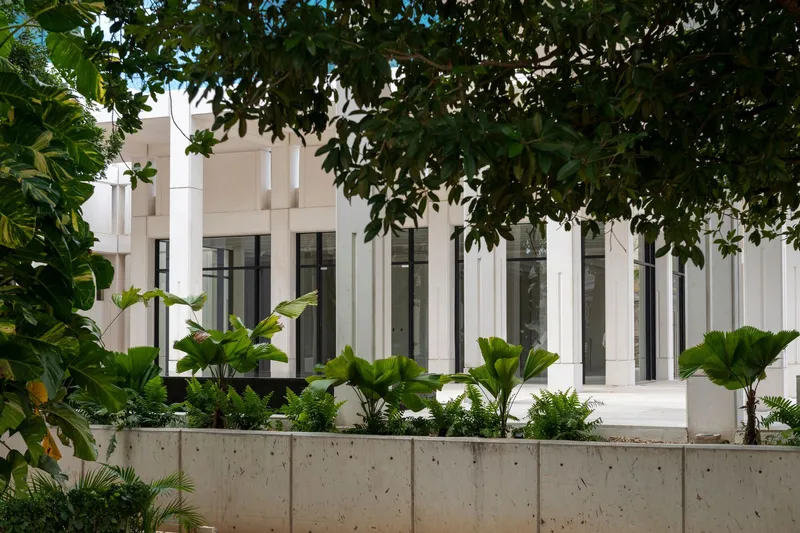 White facade with tall glazed openings behind concrete planter wall with banana plants and overhanging tree canopy