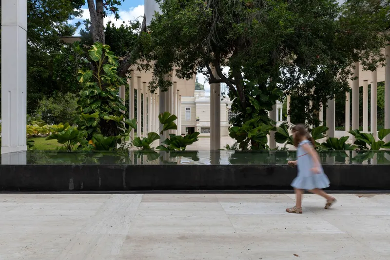 Polished black stone reflecting pool with tropical plantings as a person walks past
