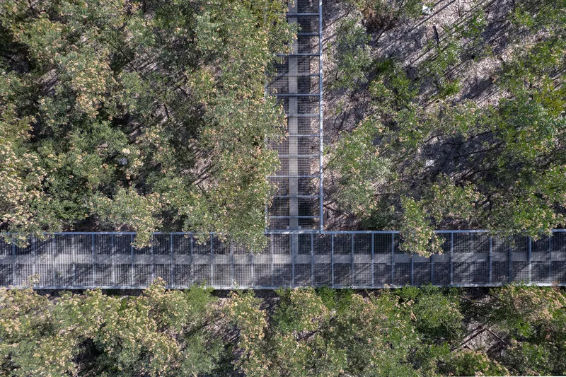 Aerial view of a perforated metal walkway crossing through a forested ravine