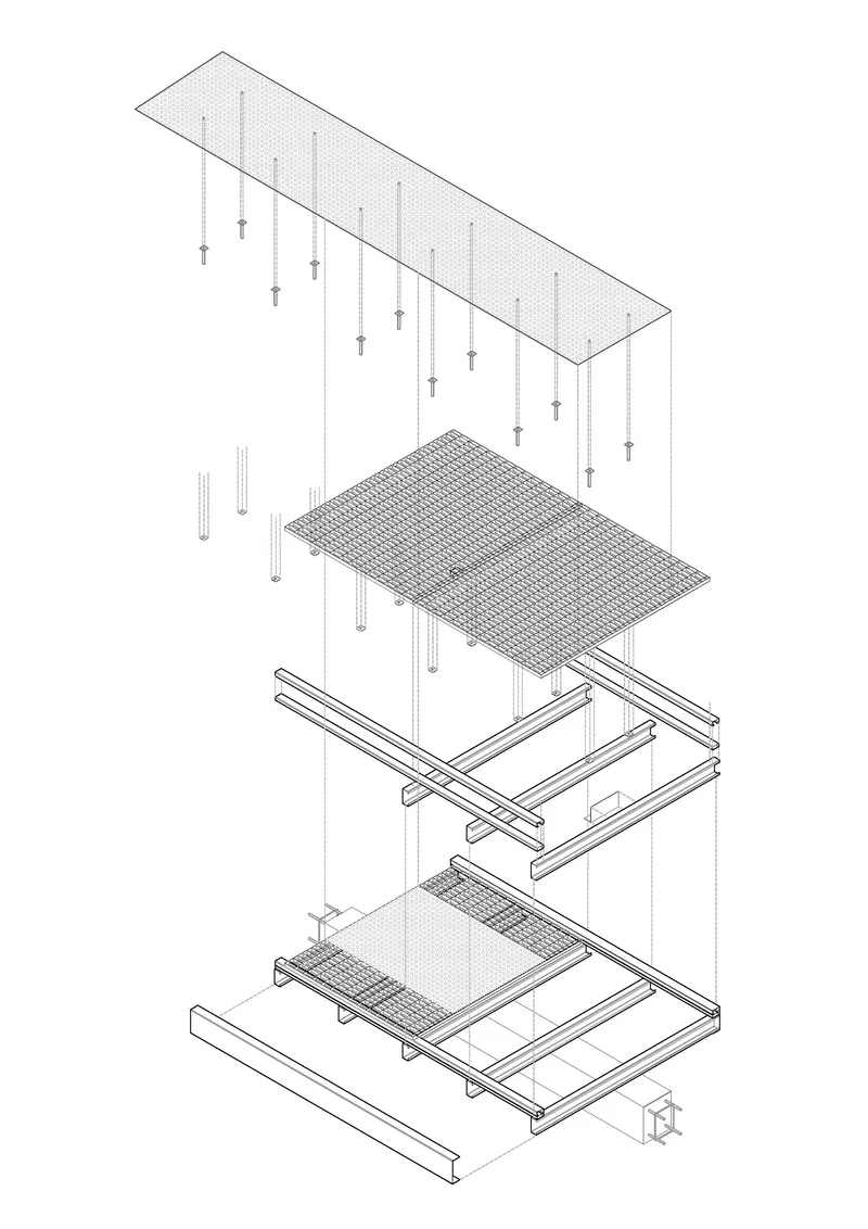 Exploded axonometric drawing showing layered assembly of roof, beams, columns and perforated decking