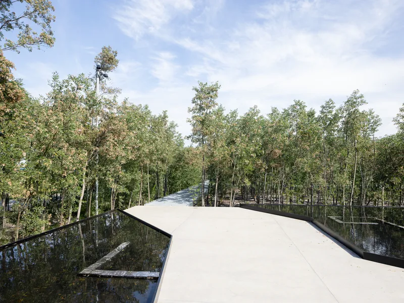 White concrete platform splitting between reflecting pools edged by young trees under clear sky