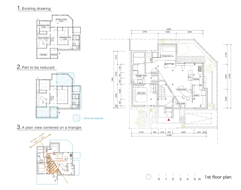 Floor plan drawing showing existing layout, reduction diagrams, and final first-floor arrangement with triangular courtyard