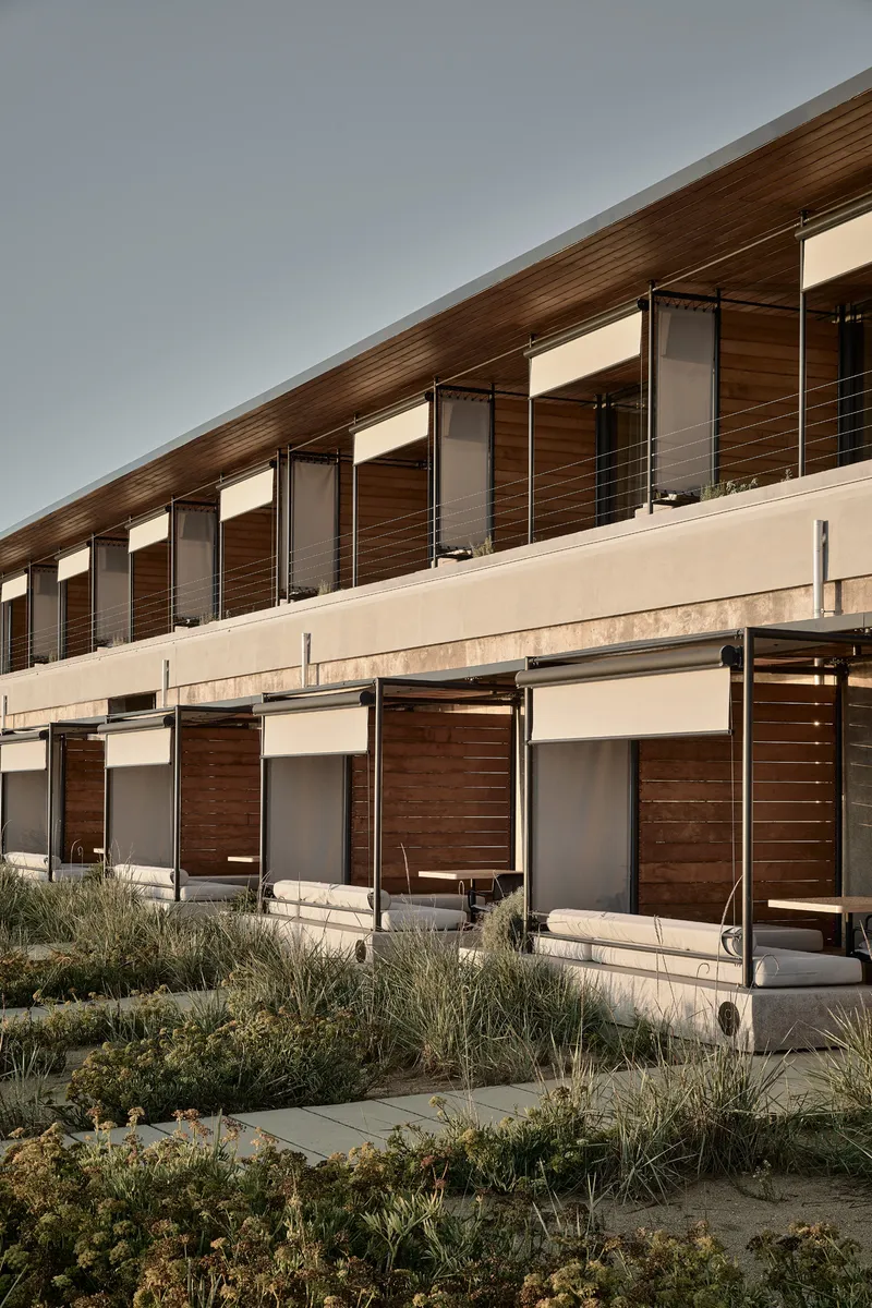 Ground-level terrace units with sliding screens and planted beds between concrete stepping stones