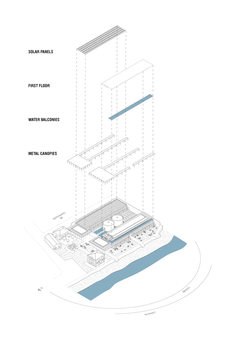 Exploded axonometric drawing showing layers of solar panels, balconies, and metal canopies above beachfront volumes