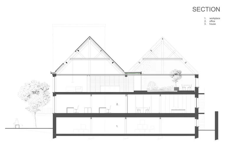 Section drawing showing three levels beneath paired gable roofs with roof trusses and adjacent tree