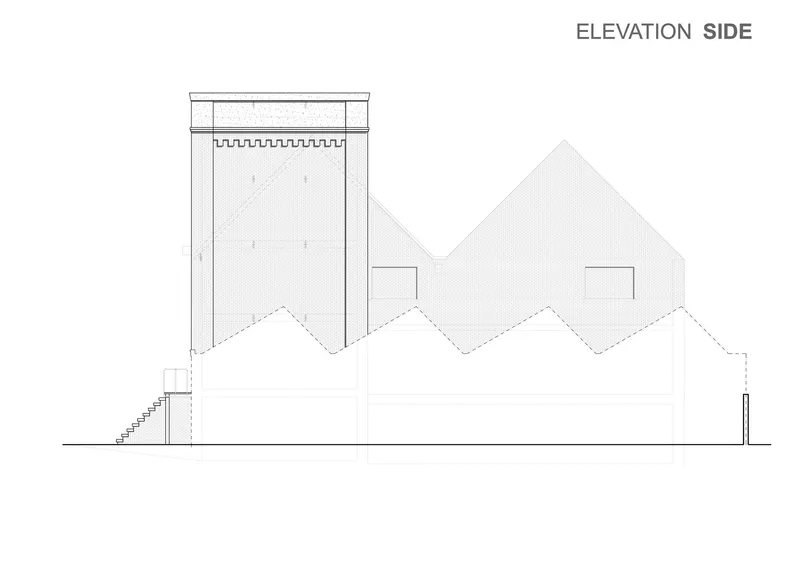 Side elevation drawing showing a tall masonry tower beside sawtooth roof forms and lower volumes