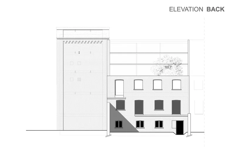 Back elevation drawing showing a tall perforated tower and a stepped three-story block with a rooftop tree