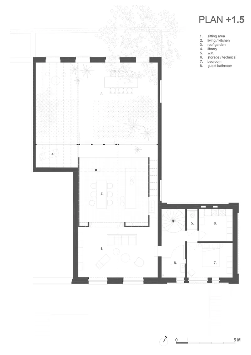 Floor plan drawing at level one-and-a-half showing living spaces and a roof garden with dotted vegetation