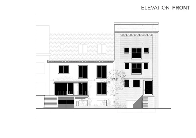 Front elevation drawing showing two adjacent facades with large window openings and a street tree between them